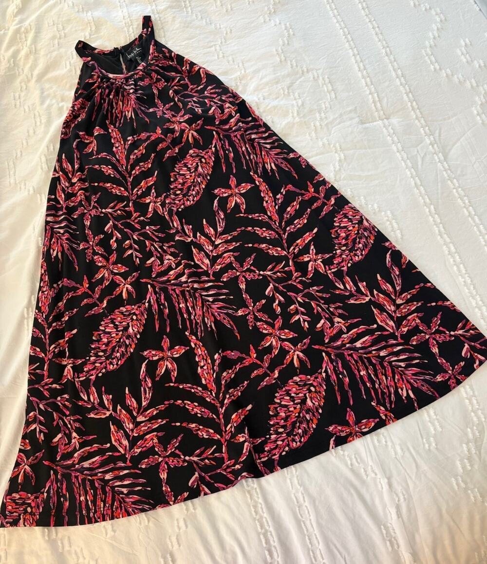 Nicole Miller NY Floral Halter Swing Dress Black Pink Sleeveless A-Line Size L